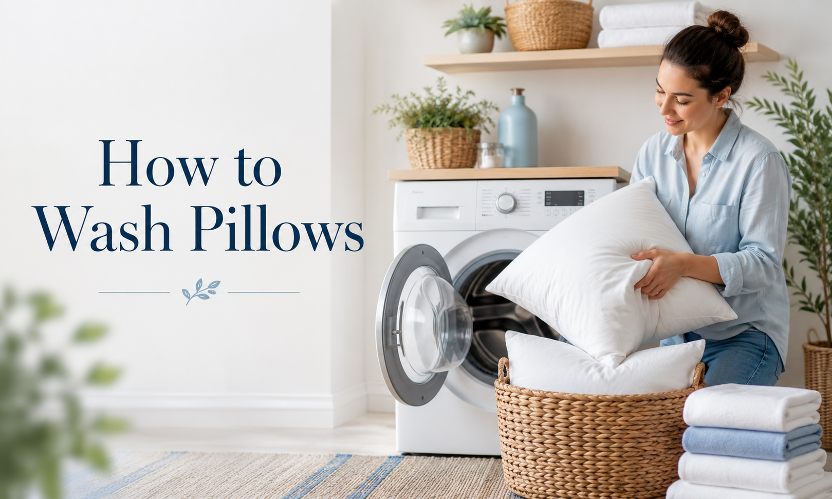 Woman holding a white pillow beside an open washing machine in a bright laundry room for an article on how to wash pillows